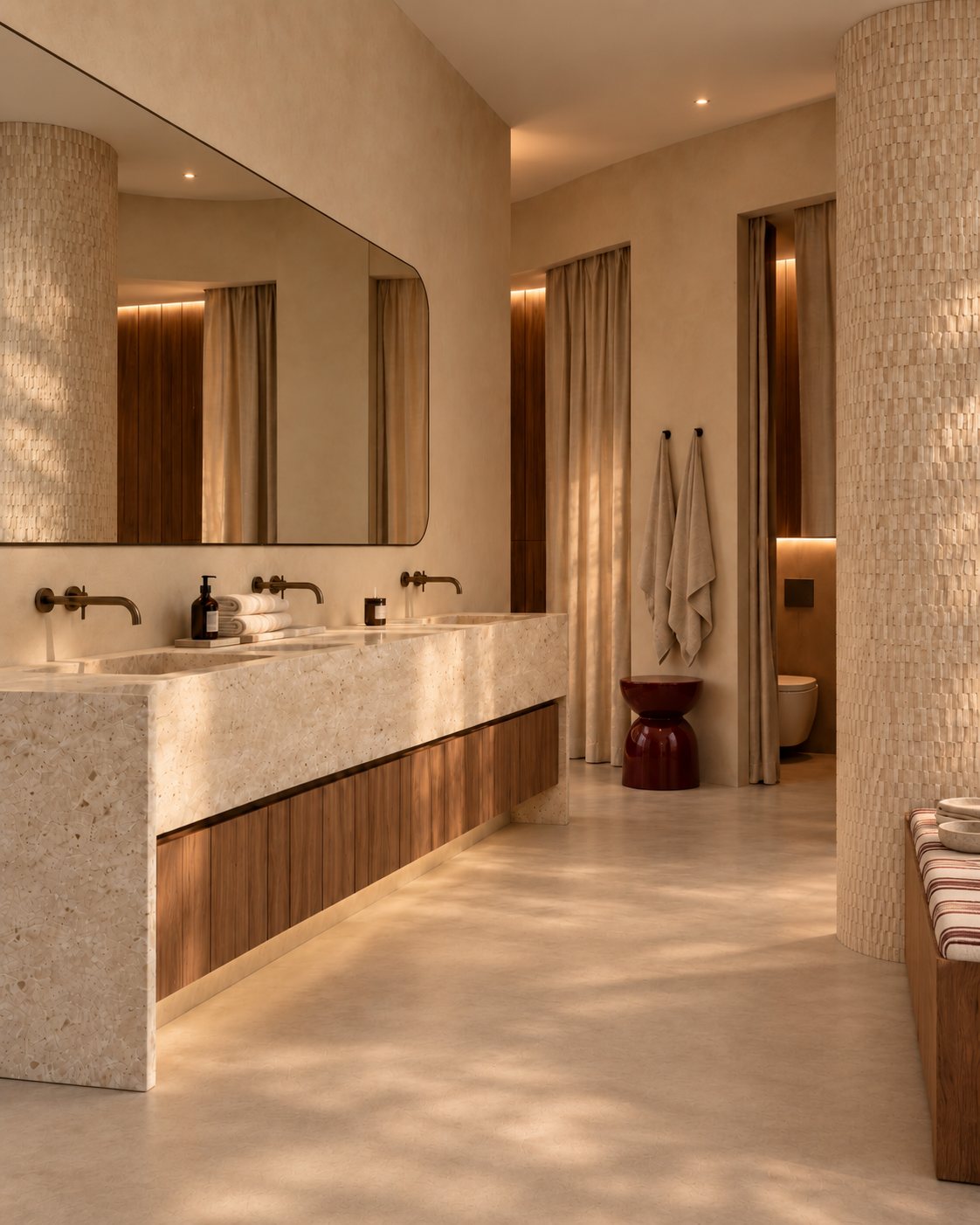 Akasa Studio — Zona de lavabos con encimera mineral y espejo de esquinas redondeadas
