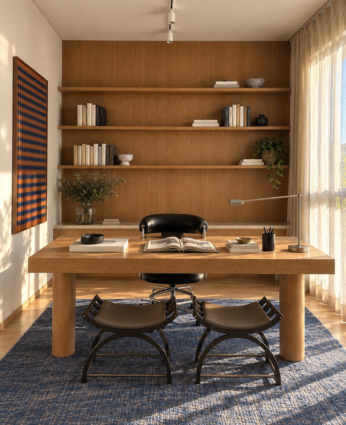 B/L Office — Despacho con escritorio de roble, estantería de madera y taburetes de cuero