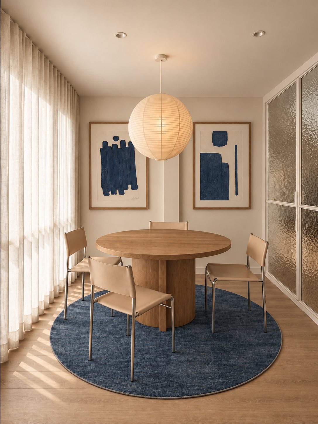 B/L Office — Sala de reuniones con mesa redonda, lámpara de papel y alfombra azul