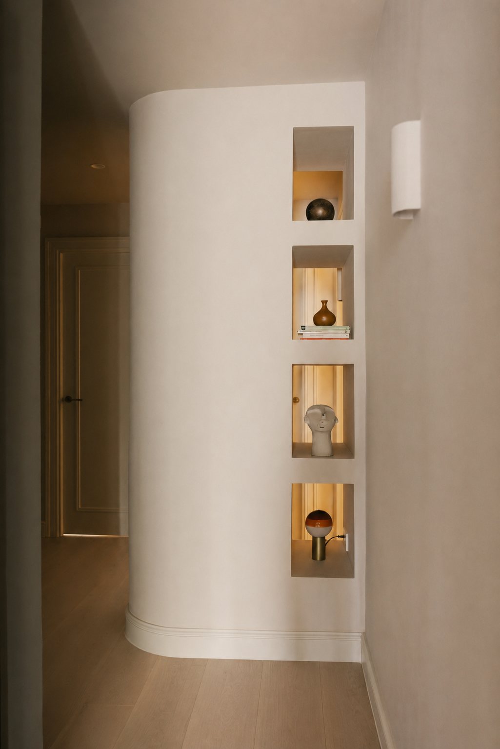 Casa Manila, Barcelona — distribuidor con muro curvo y hornacinas iluminadas