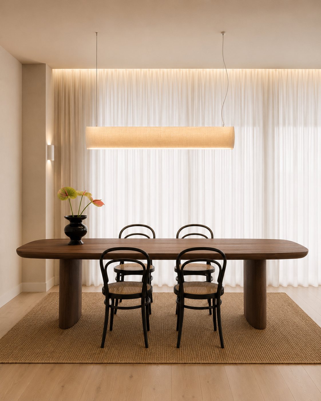 Casa Manila — Comedor con mesa de madera y lámpara de lino