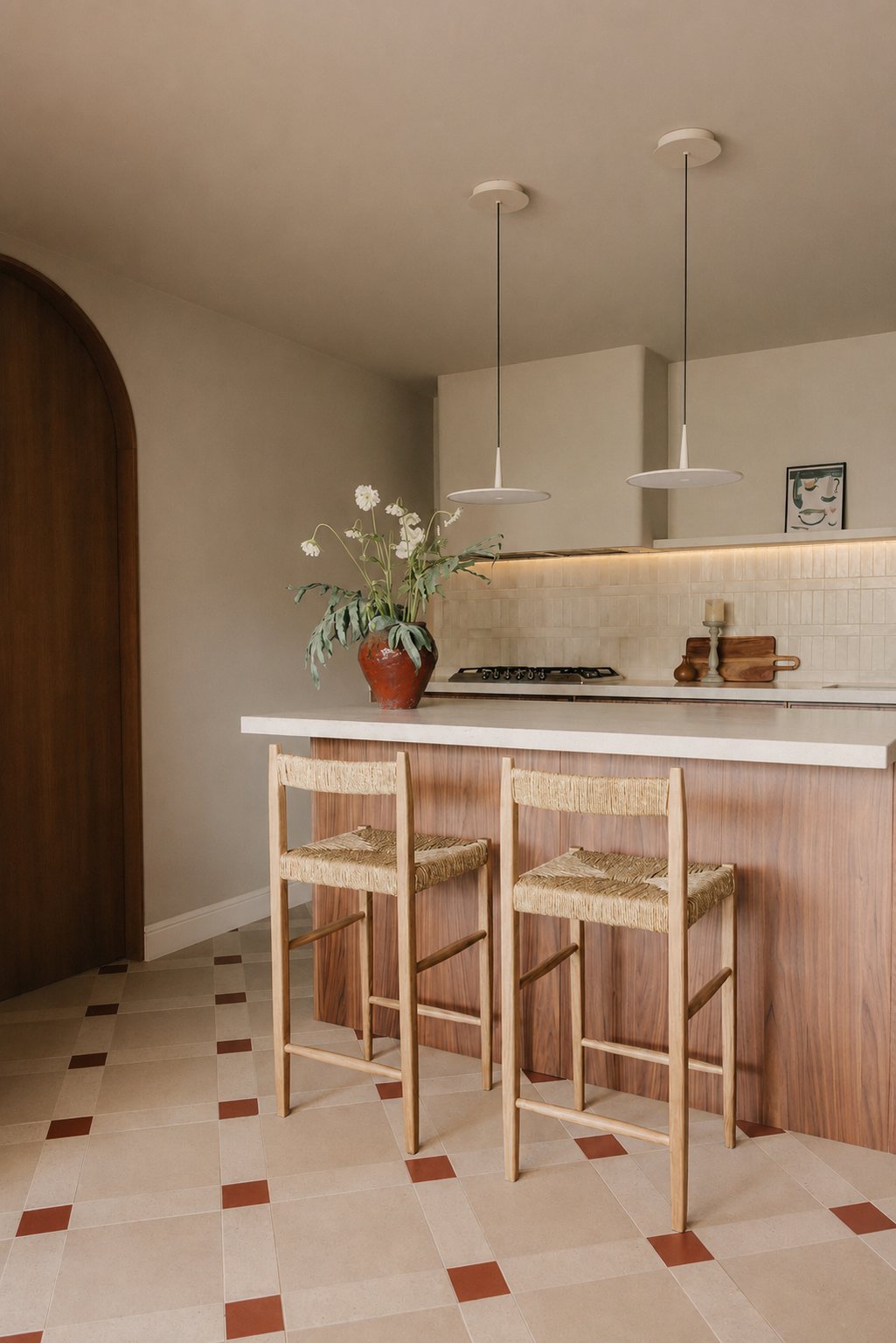 Casa Manila — Cocina con isla de nogal y taburetes de enea